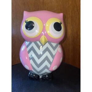 Owl Pink & White Polka Dot Grey & White Chevron Pattern  Piggy Bank 7" Tall